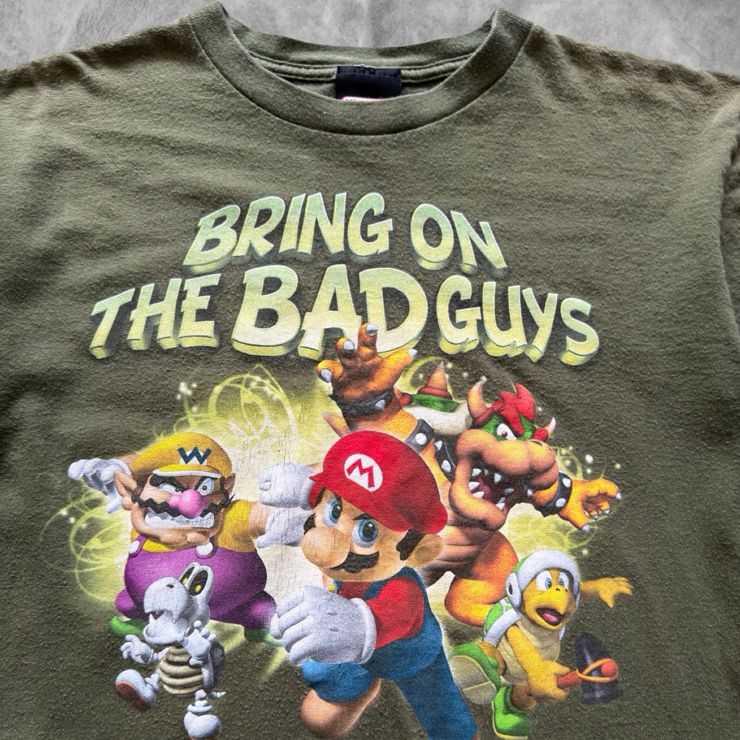 Olive Green Super Mario Bros “Bring On The Bad Guys” Shirt 2008 (S)