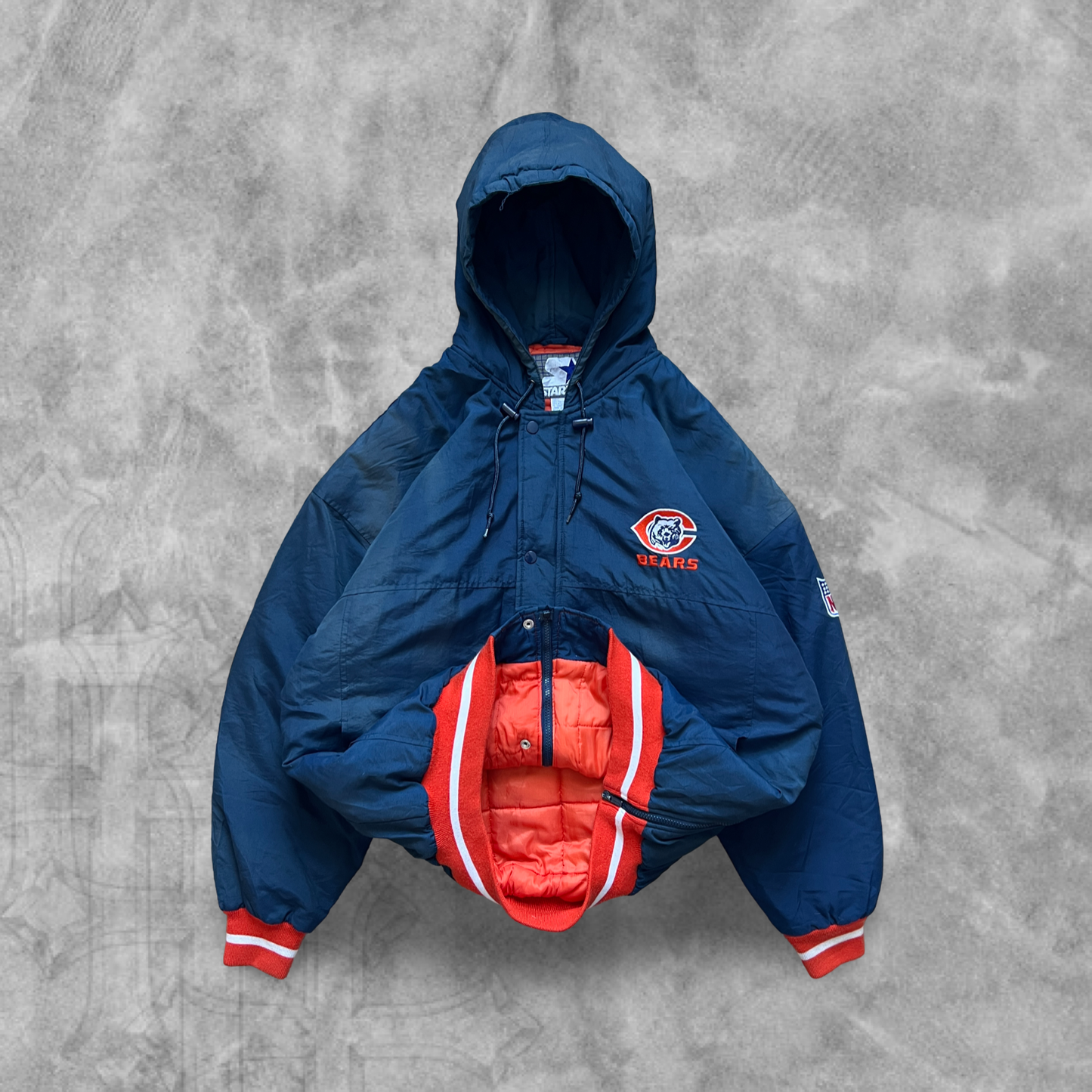 Navy Blue Chicago Bears Hooded Puffer Starter Jacket 1990s (XL)