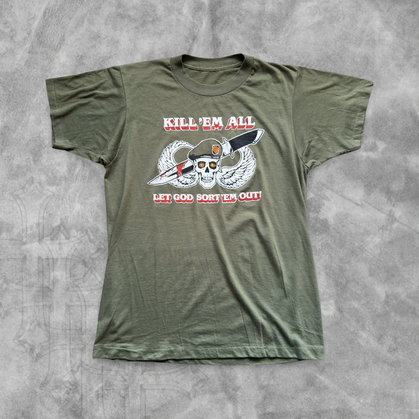 Olive Green Kill ‘Em All Shirt Let God Sort ‘Em Out Shirt 1980s (M)