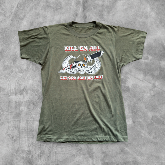 Olive Green Kill ‘Em All Shirt Let God Sort ‘Em Out Shirt 1980s (M)
