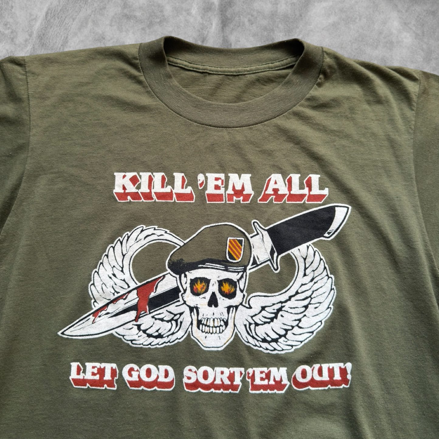 Olive Green Kill ‘Em All Shirt Let God Sort ‘Em Out Shirt 1980s (M)