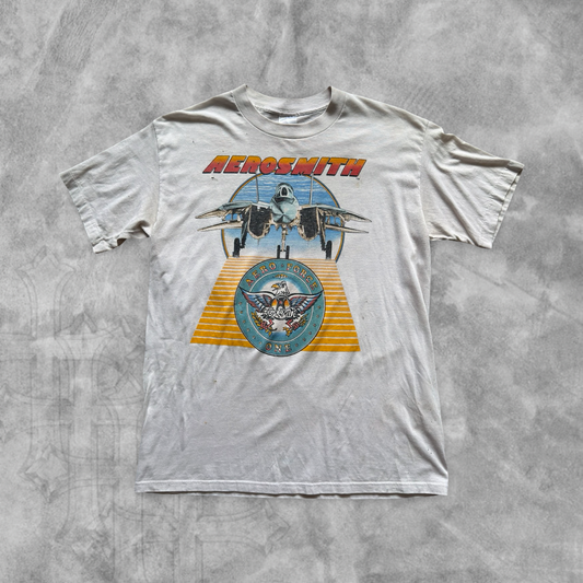 Distressed White Aero Smith Done With Mirrors Tour Shirt 1986 (L)