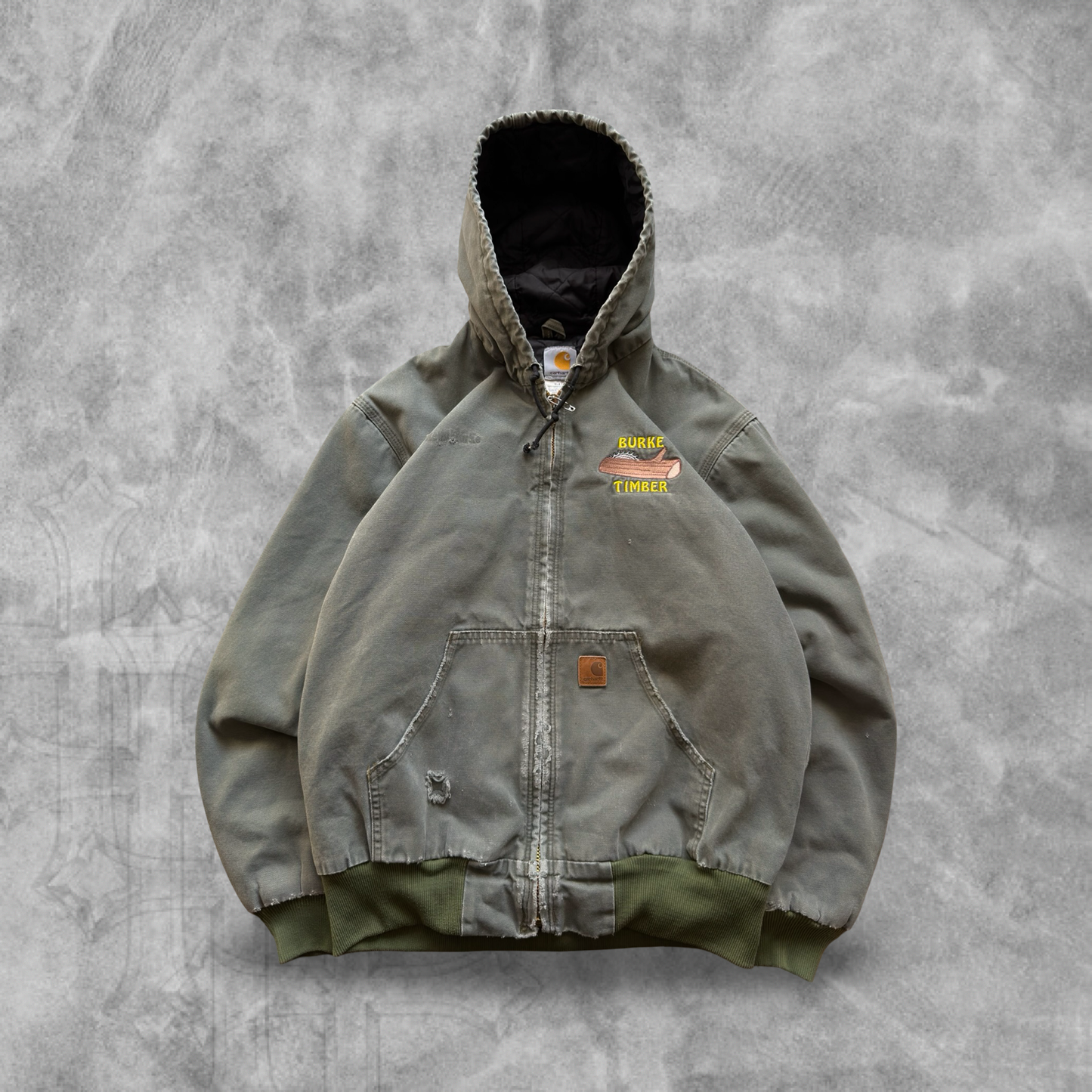Distressed Olive Green Carhartt Hooded Jacket 1990s (M)