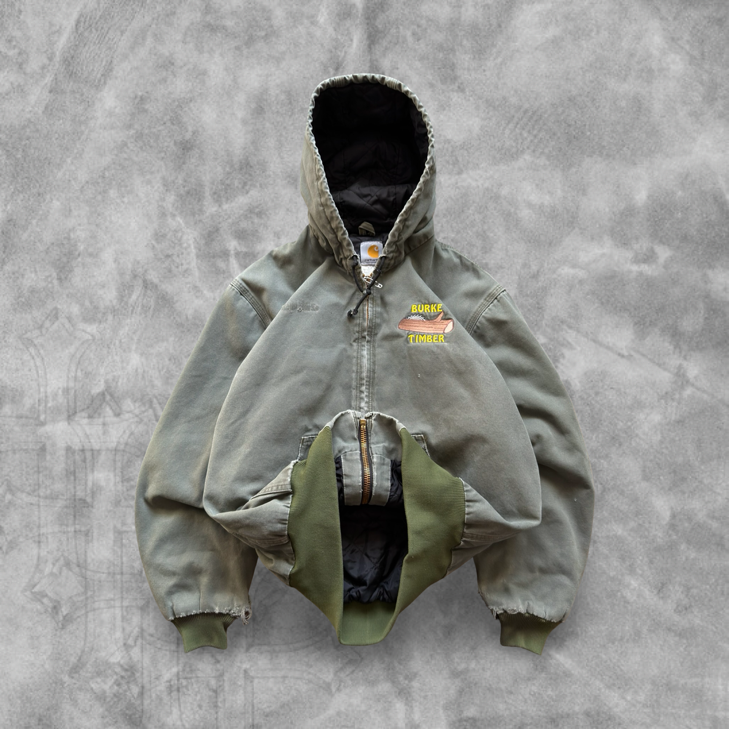 Distressed Olive Green Carhartt Hooded Jacket 1990s (M)