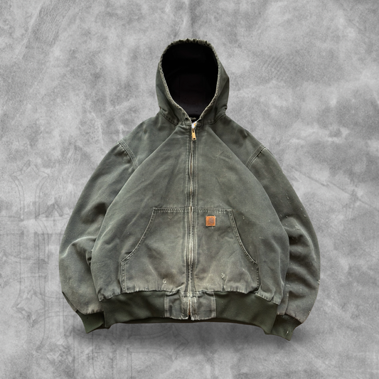 Faded Distressed Moss Green Hooded Carhartt Jacket 2000s (XL)