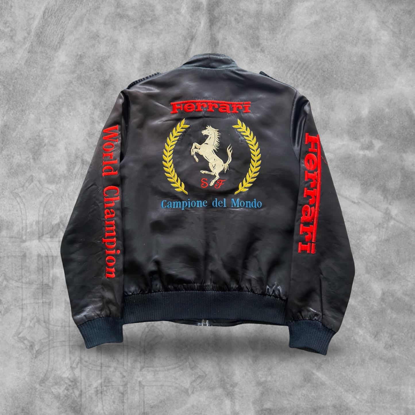 Black Style Auto Ferrari World Champion Satin Jacket 1980s (S)