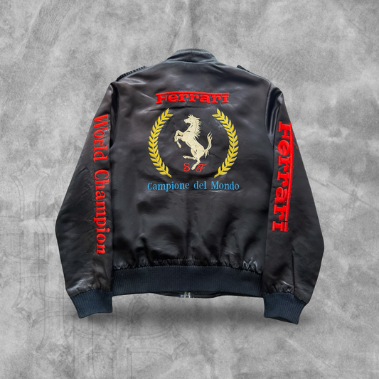 Black Style Auto Ferrari World Champion Satin Jacket 1980s (S)