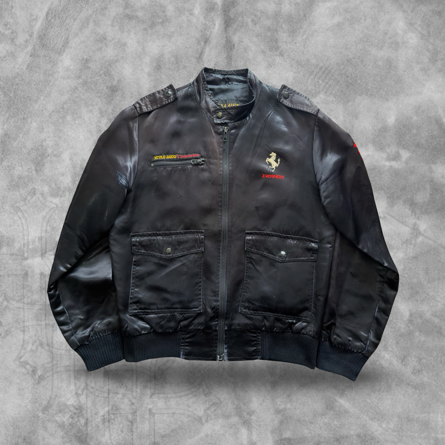 Black Style Auto Ferrari World Champion Satin Jacket 1980s (S)