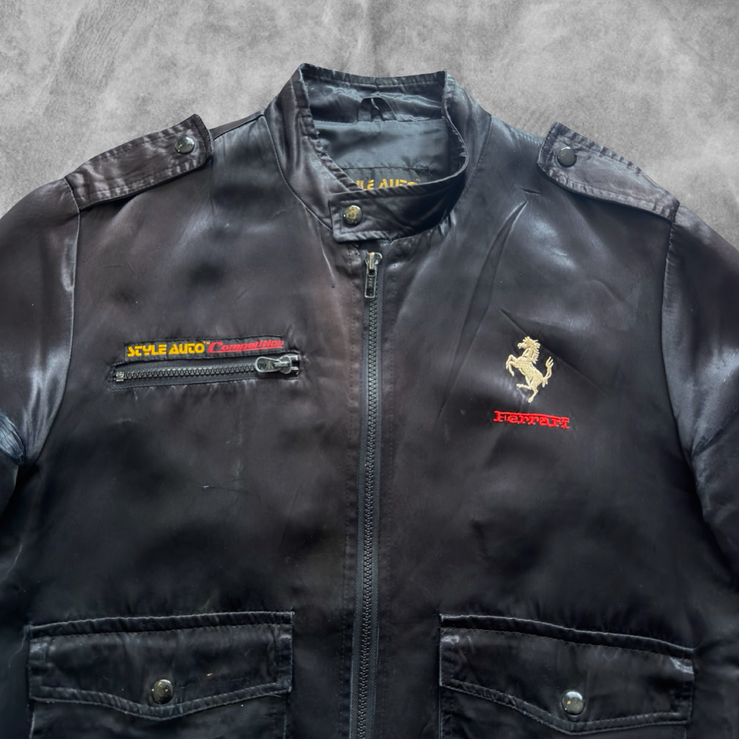 Black Style Auto Ferrari World Champion Satin Jacket 1980s (S)
