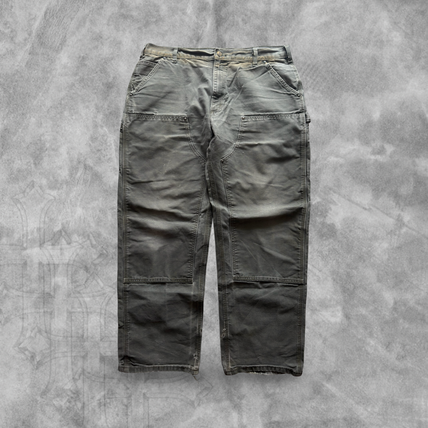 Faded Distressed Olive Green Carhartt Double Knee Pants 2000s (40x32)