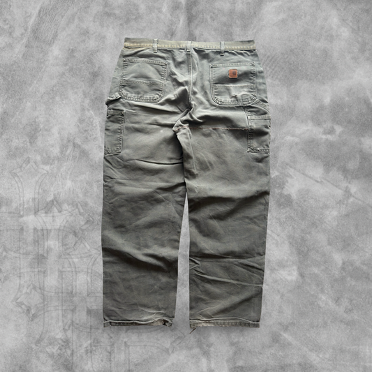 Faded Distressed Olive Green Carhartt Double Knee Pants 2000s (40x32)