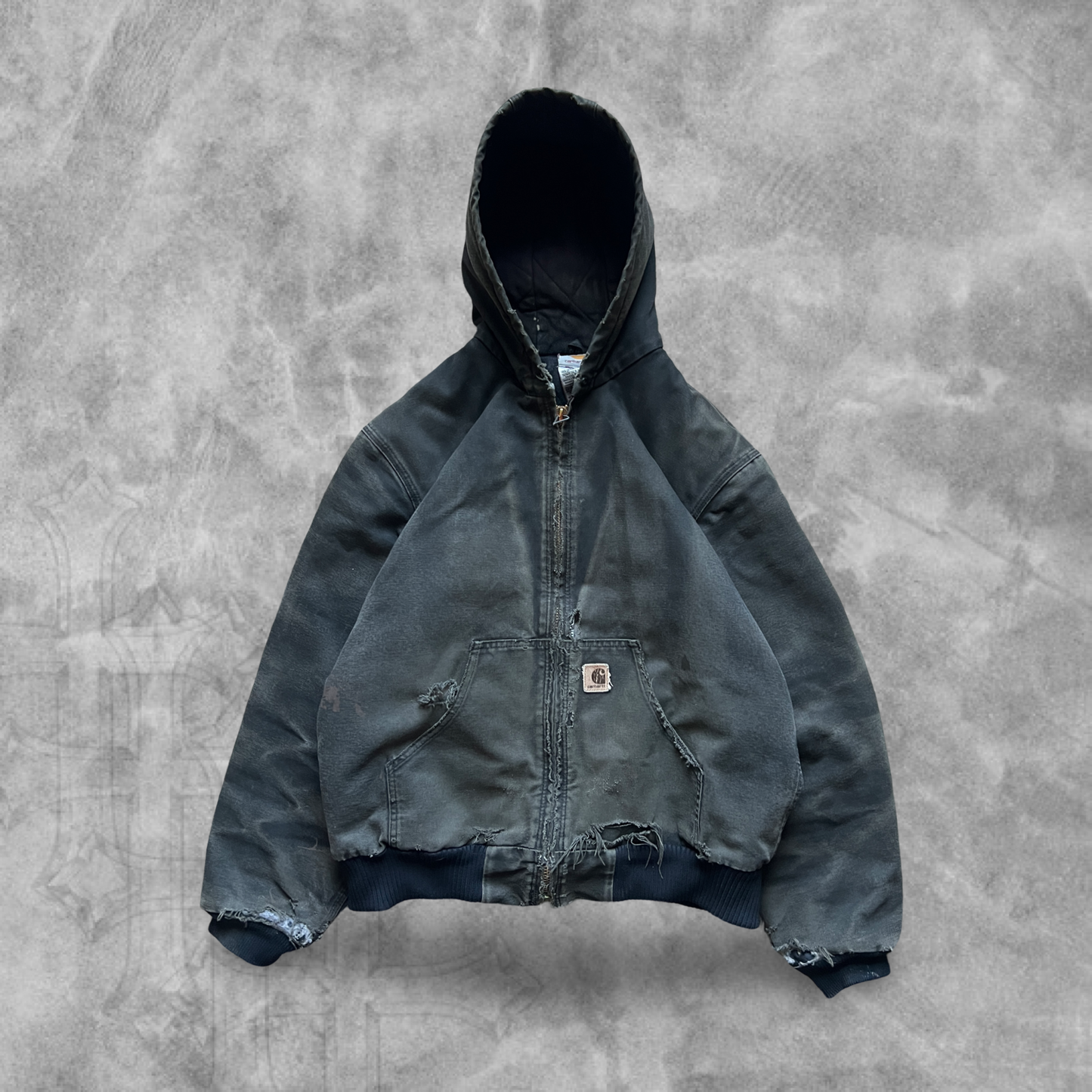Faded Distressed Black Carhartt Hooded Jacket 2005 (M)