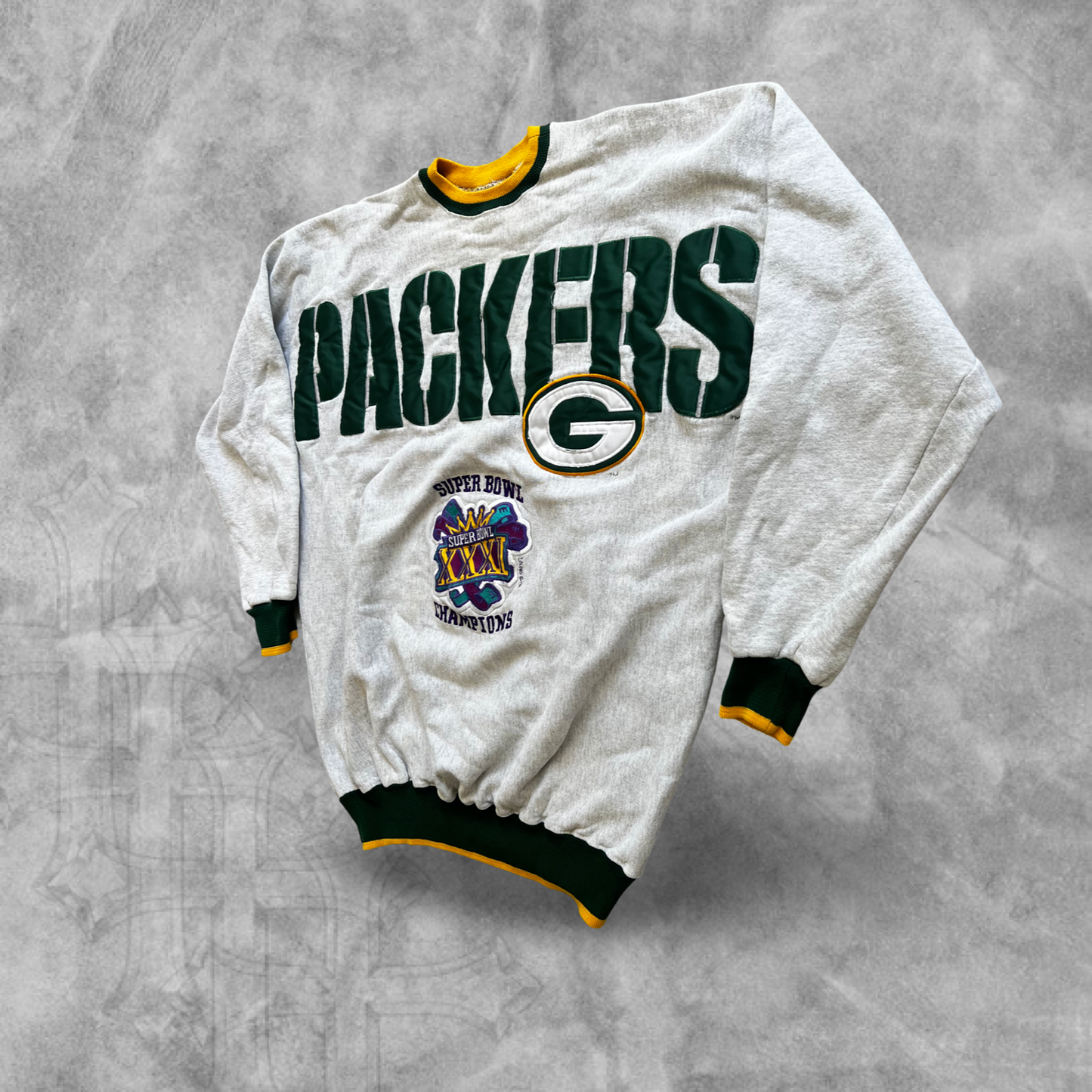 Grey Green Bay Packers Super Bowl Spell Out Sweatshirt 1996 (XL)