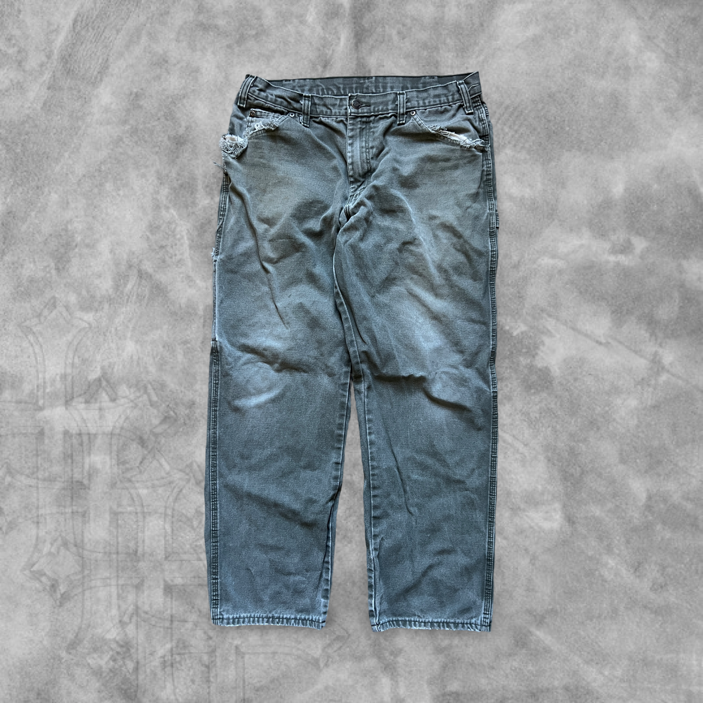 Faded Distressed Olive Green Dickies Carpenter Pants 1990s (34x30)