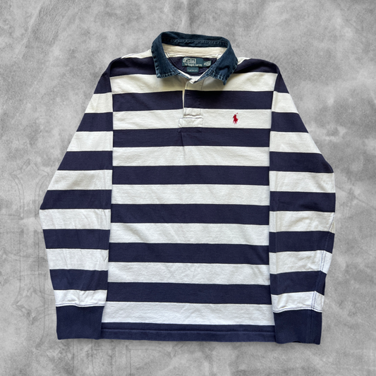 White Polo Striped Rugby Shirt 1990s (XL)