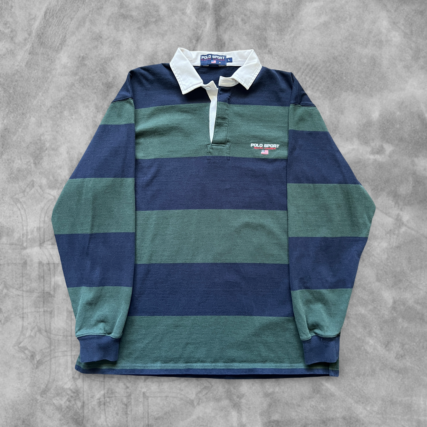 Green/Blue Striped Polo Sport Rugby Shirt 1990s (L)