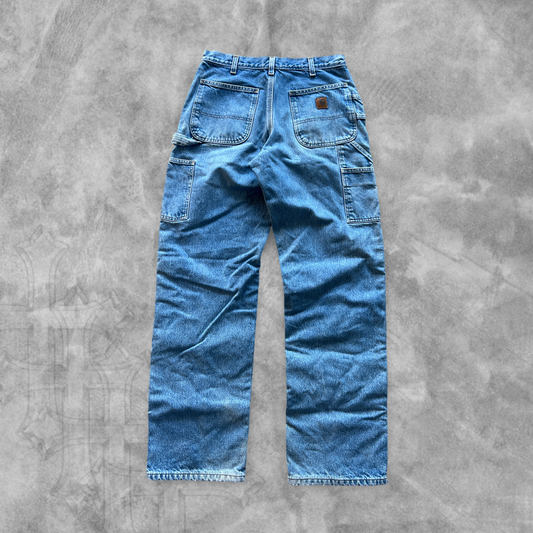 Faded Denim Carhartt Carpenter Flannel Lined Pants 1990s (34x32)