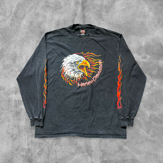 Black Harley Davidson Eagle Flame Long Sleeve Shirt 1998 (XL)