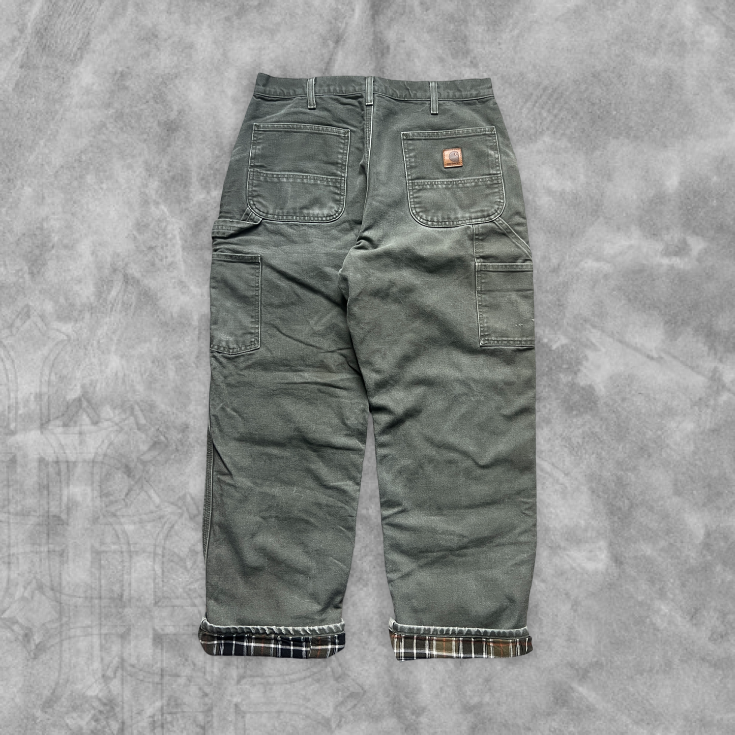 Faded Olive Green Carhartt Carpenter Flannel Lined Pants 2000s (34x30)