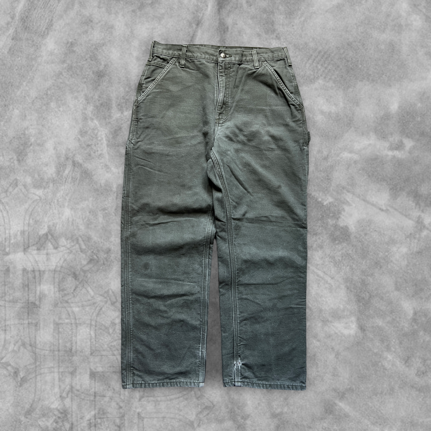 Faded Olive Green Carhartt Carpenter Flannel Lined Pants 2000s (34x30)