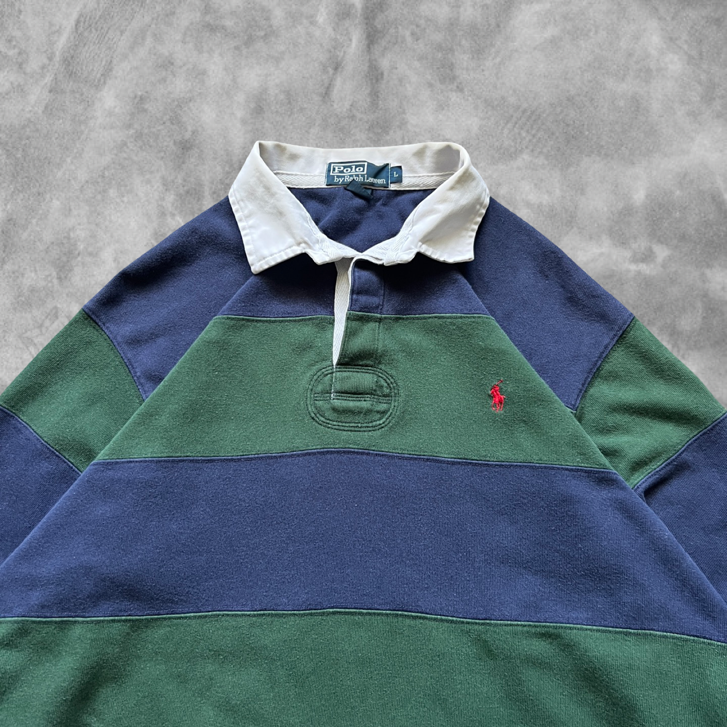 Navy/Green Striped Polo Rugby Shirt 1990s (L)