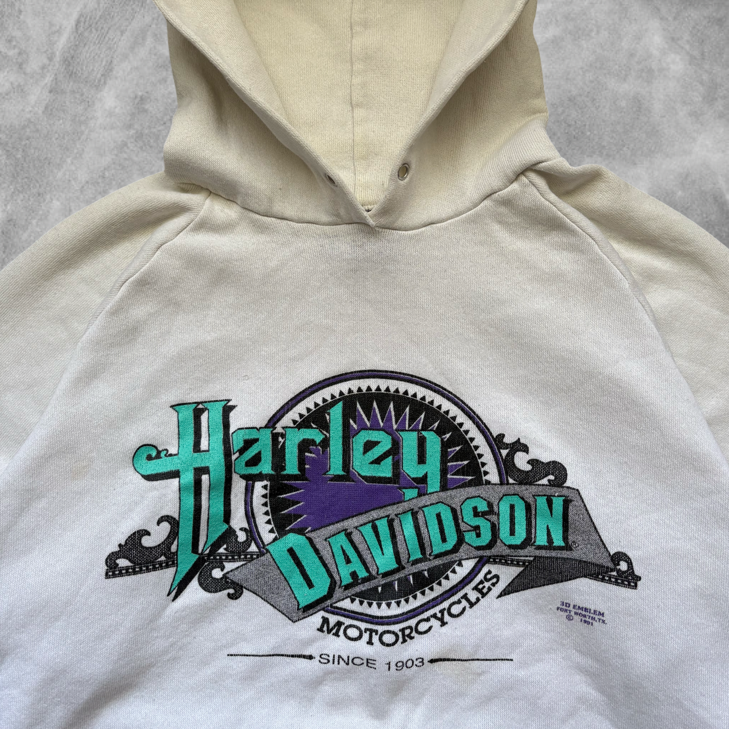 White Harley Davidson 3D Emblem Hoodie 1990s (M)