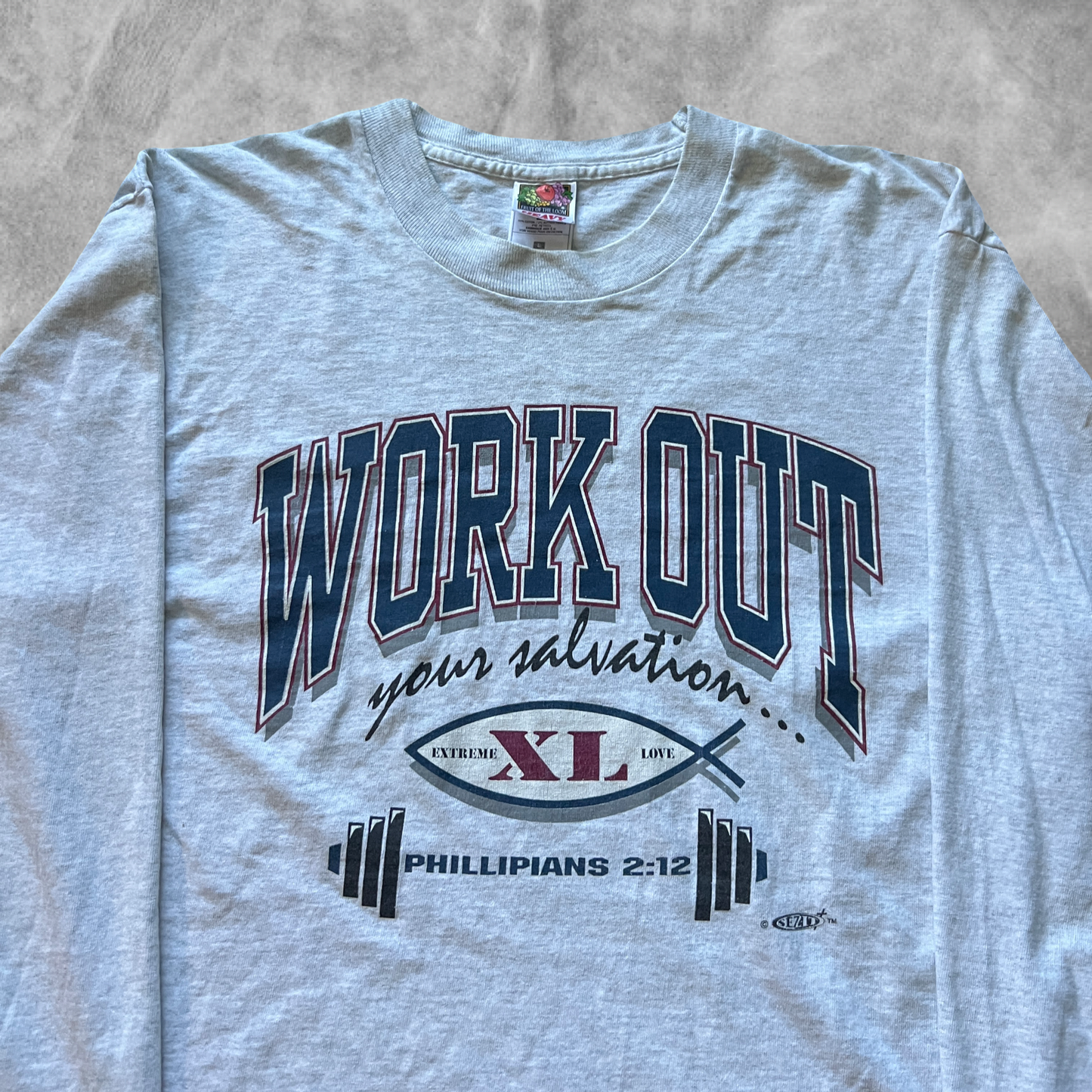 Heather Grey Work Out Your Salvation Long Sleeve Shirt 1990s (L)