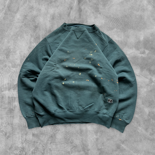 Faded Paint Splashed Hunter Green Russel Sweatshirt 1990s (M)