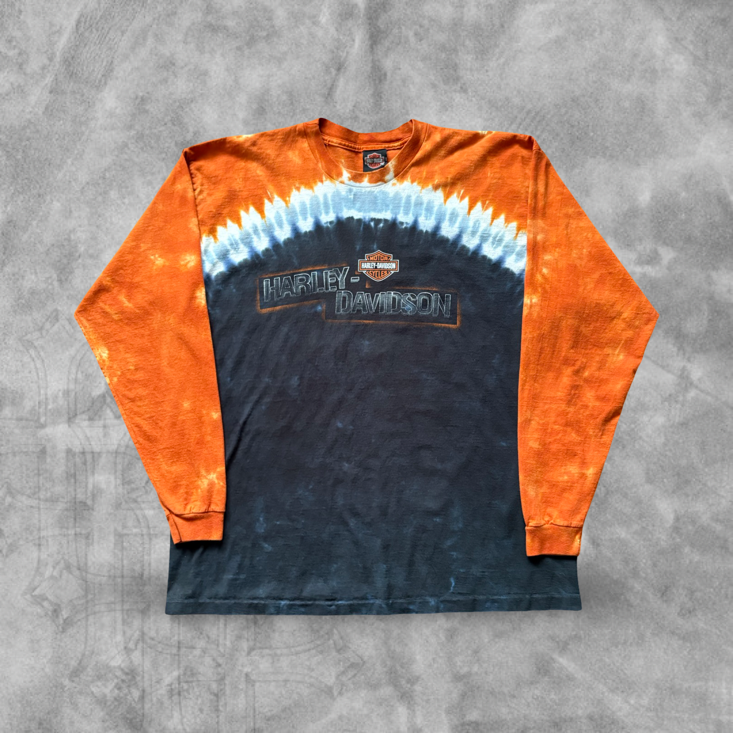 Orange Tye Dye Harley Davison Long Sleeve Shirt 2000s (XL)