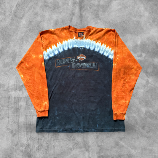 Orange Tye Dye Harley Davison Long Sleeve Shirt 2000s (XL)