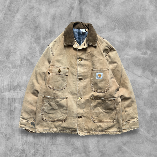 Faded Distressed Camel Carhartt Blanket Lined Chore Jacket 1990s (L)