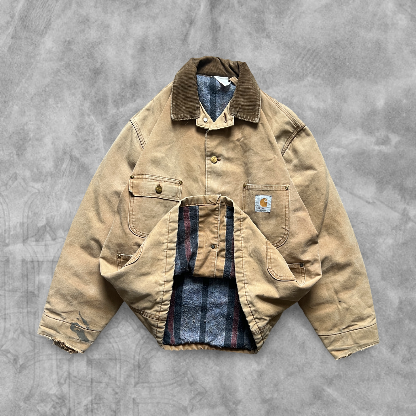 Faded Distressed Camel Carhartt Blanket Lined Chore Jacket 1990s (L)
