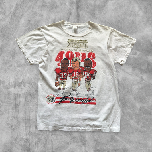 Distressed White San Francisco 49ers Touchdown Club Shirt 1980s  (M)