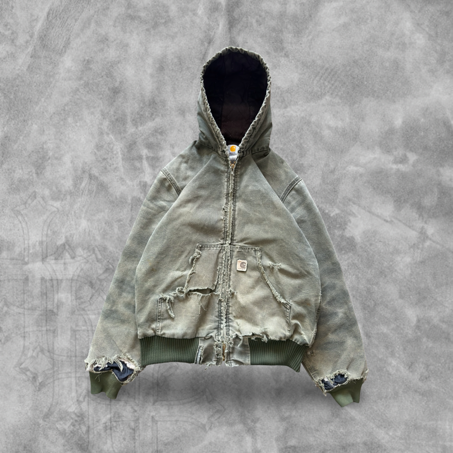 Faded Distressed Moss Green Carhartt Hooded Jacket 2000s (S)