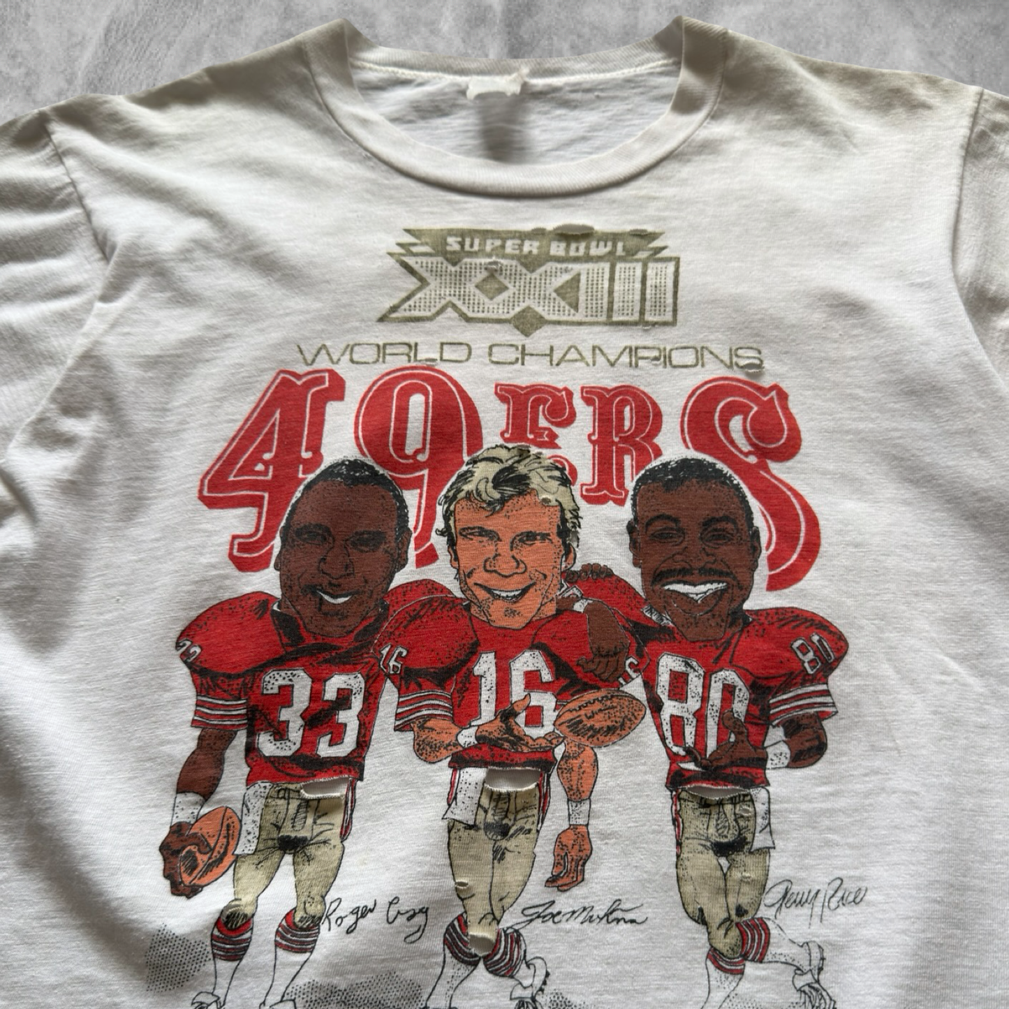 Distressed White San Francisco 49ers Touchdown Club Shirt 1980s  (M)