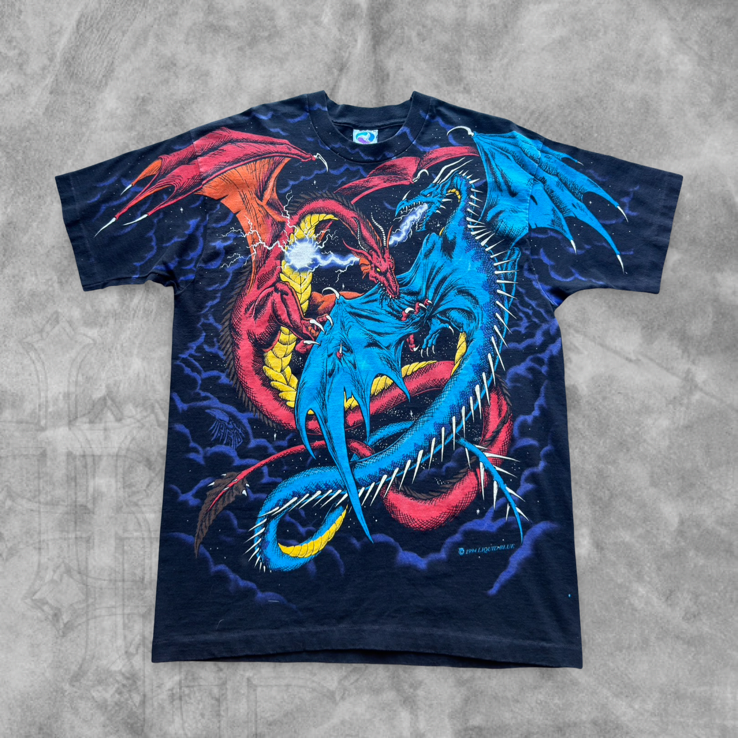 Black Liquid Blue Dragon Battle Shirt 1990s (XL)