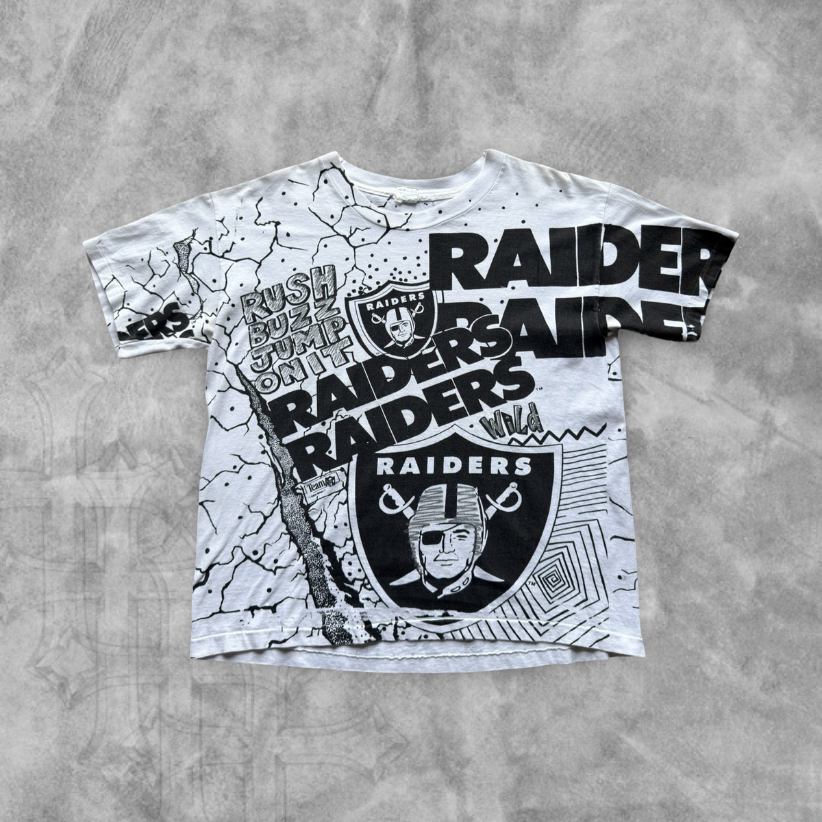 White Oakland Raiders Rush, Buzz, Jump It, Shirt 1990s (L)