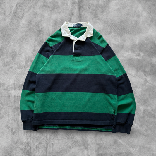 Green/Blue Striped Polo Ralph Lauren Rugby Shirt 1990s (M)