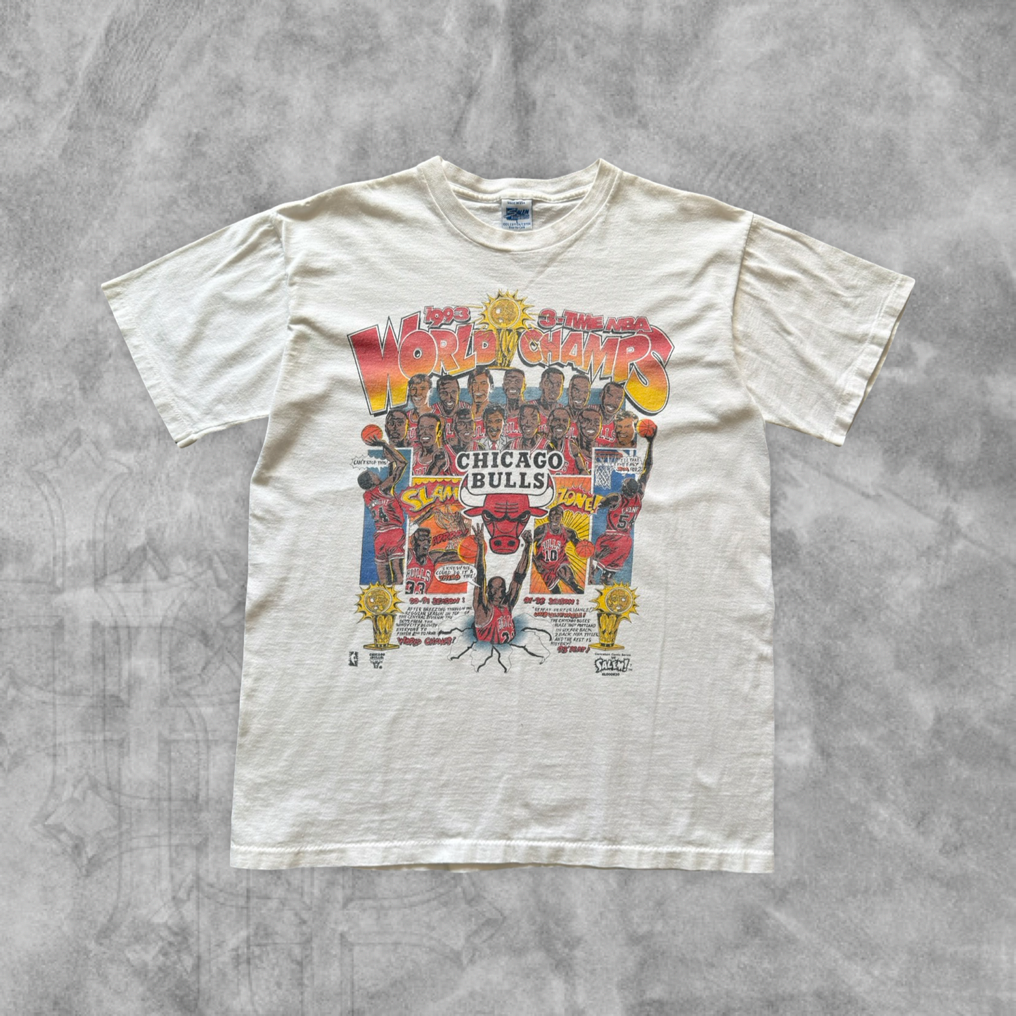 White Chicago Bulls Comic Book 3-Time Champs Shirt 1993 (L)