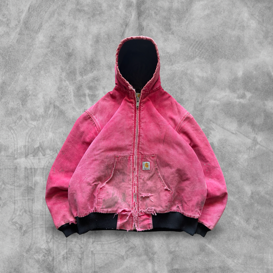 Faded Distressed Red Carhartt Hooded Jacket 1990s (XL)