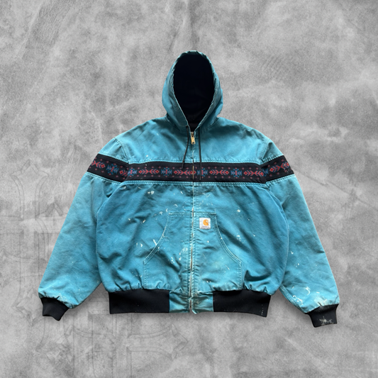 Teal Carhartt Aztec Hooded Jacket 1990s (XL)