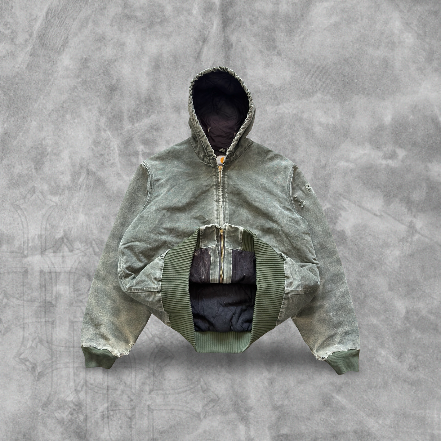 Faded Distressed Moss Green Carhartt Hooded Jacket 1990s (L)