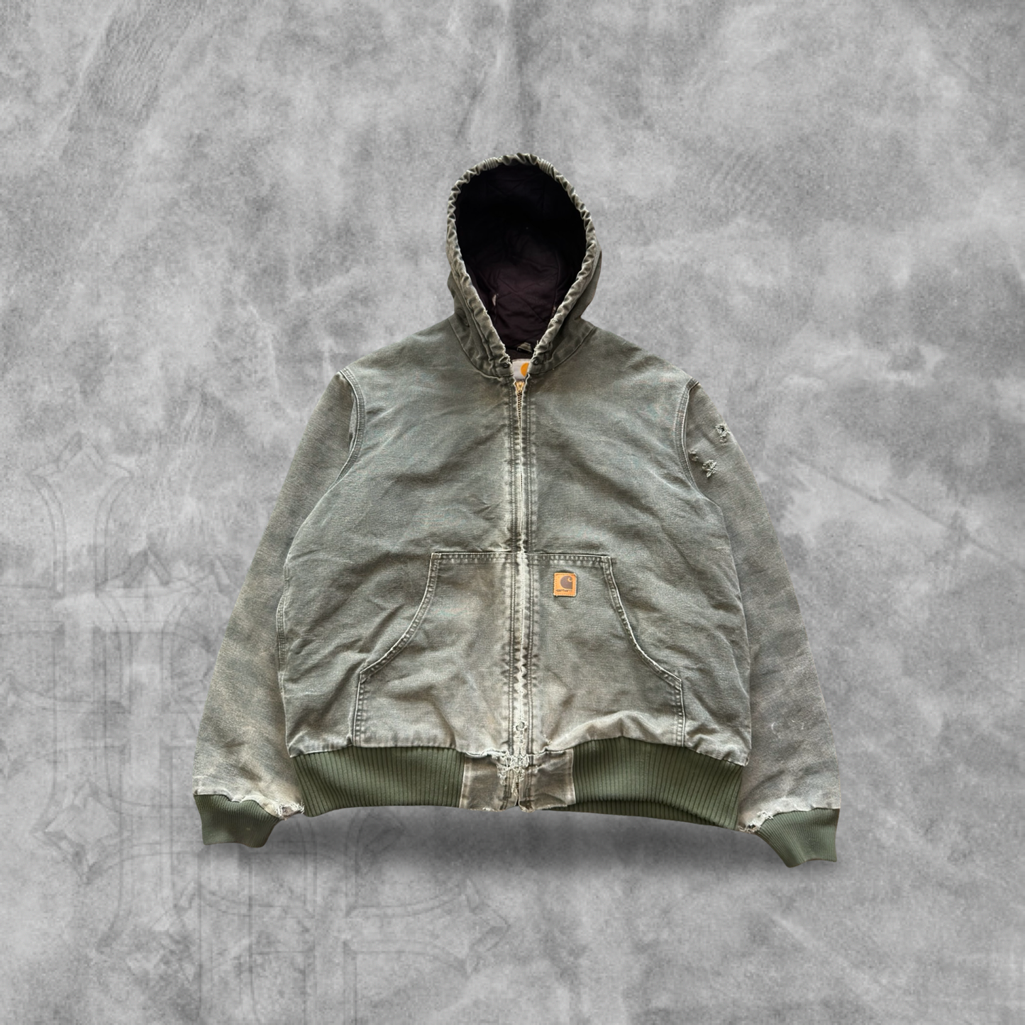 Faded Distressed Moss Green Carhartt Hooded Jacket 1990s (L)