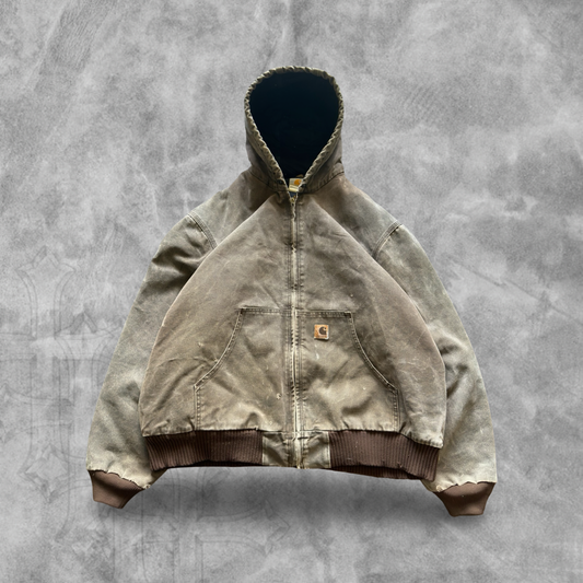Faded Distressed Mocha Brown Carhartt Hooded Jacket 1990s (XL)