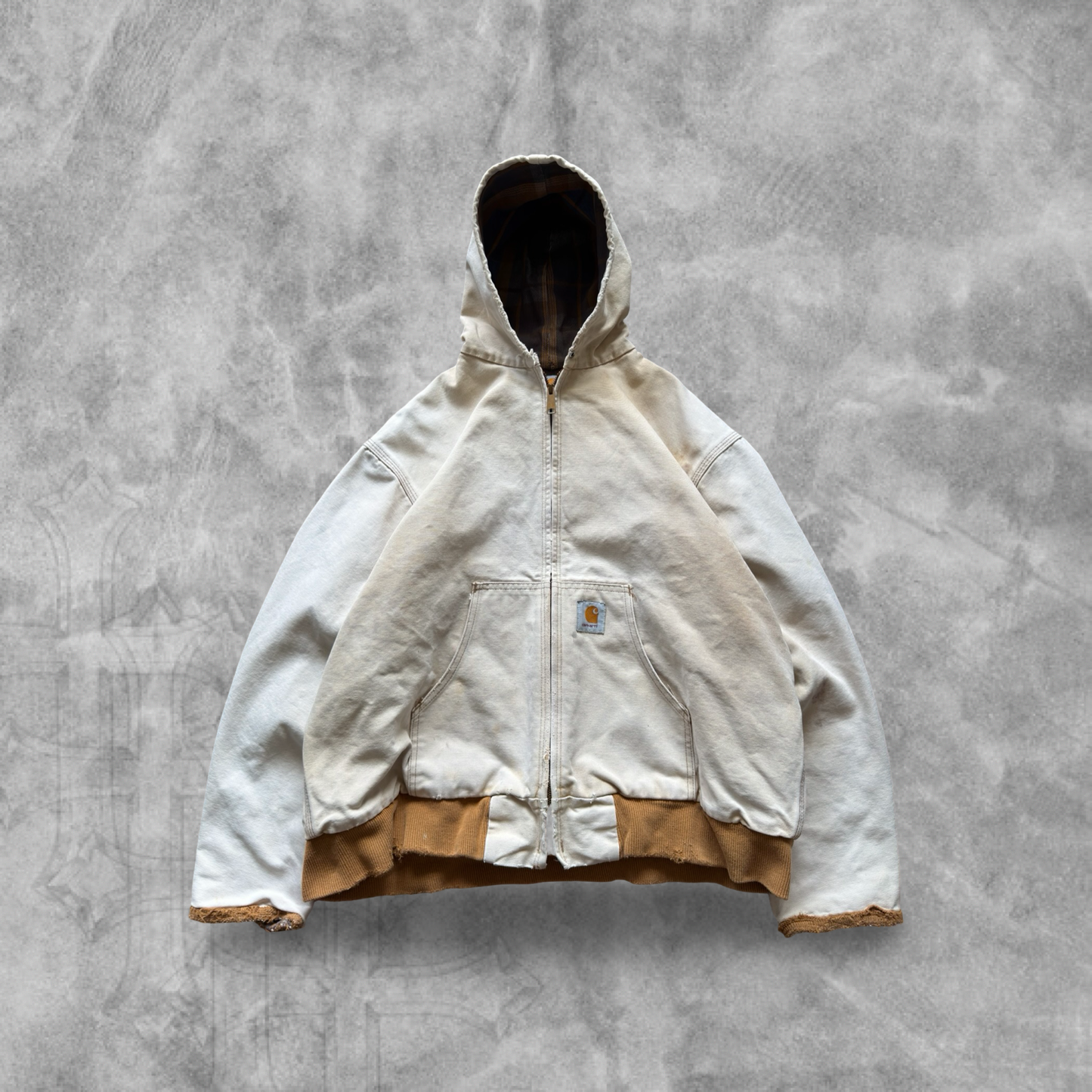 Faded Distressed Tan Carhartt Hooded Jacket 1990s (L)