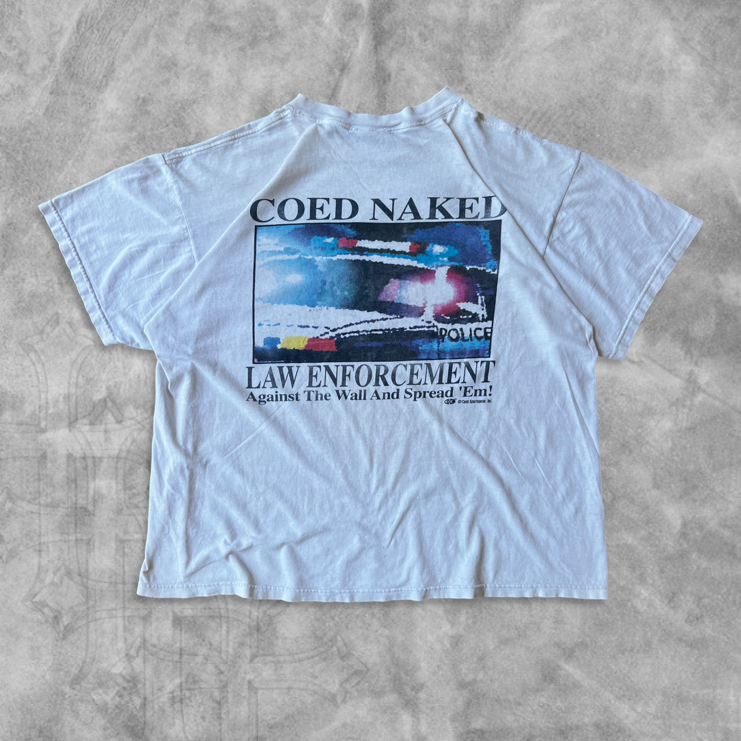 Distressed White Coed Naked Law Enforcement Shirt 1990s (L)