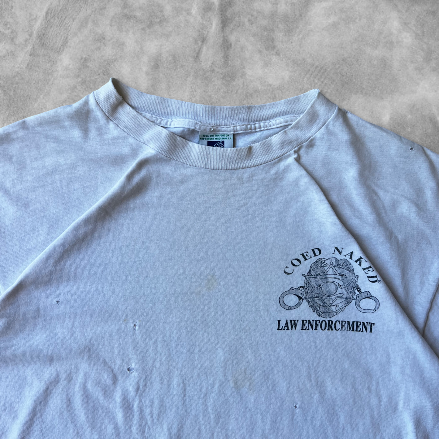 Distressed White Coed Naked Law Enforcement Shirt 1990s (L)