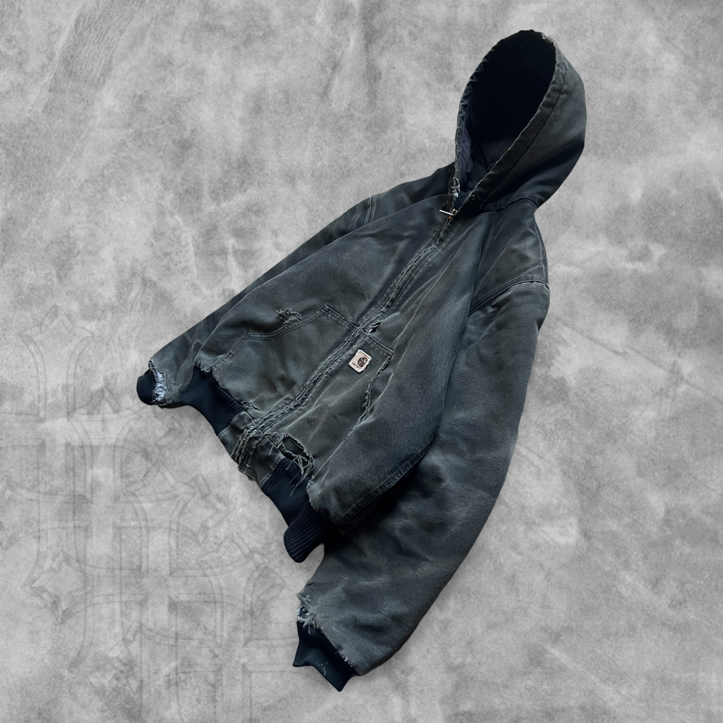 Faded Distressed Black Carhartt Hooded Jacket 2005 (M)