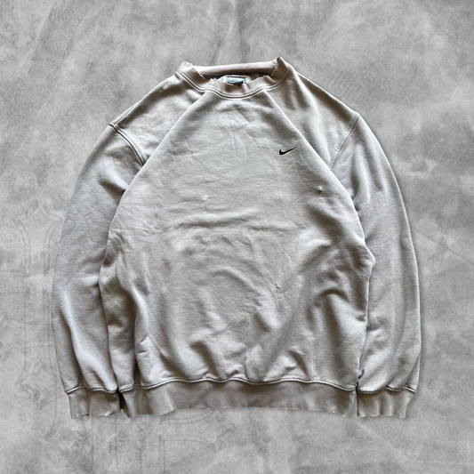 Faded Distressed Cream Nike Essential Sweatshirt 2000s (XXL)