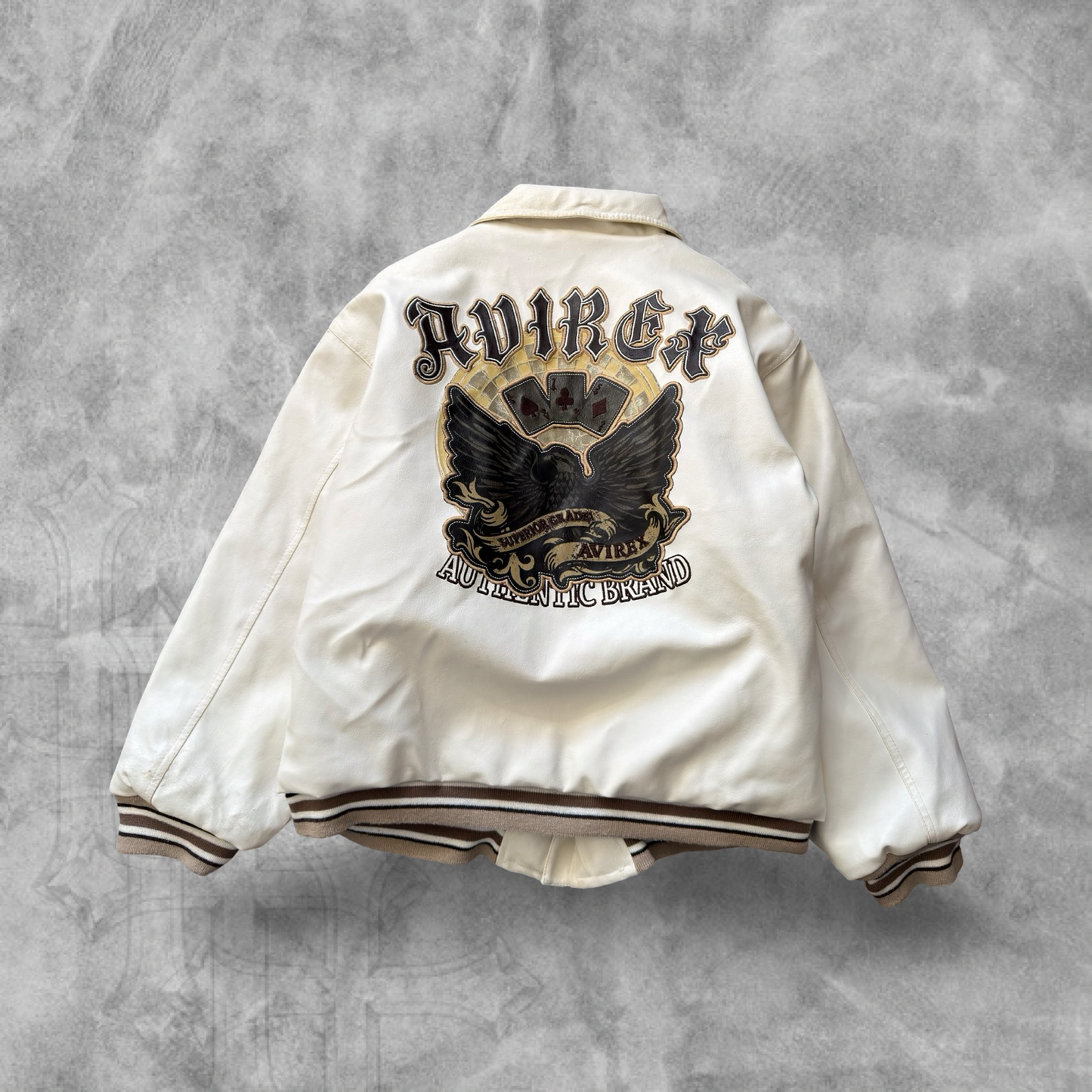 White Avirex Leather Embroidered Bomber Jacket 1990s (S)